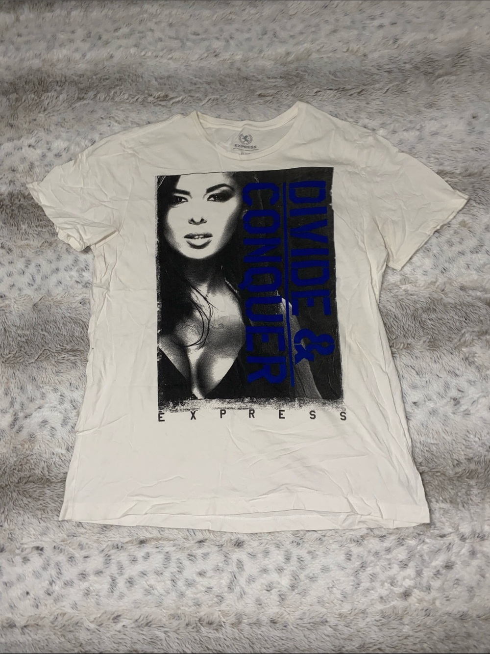Express White Graphic Tee with Blue 'Divide & Conquer' Print